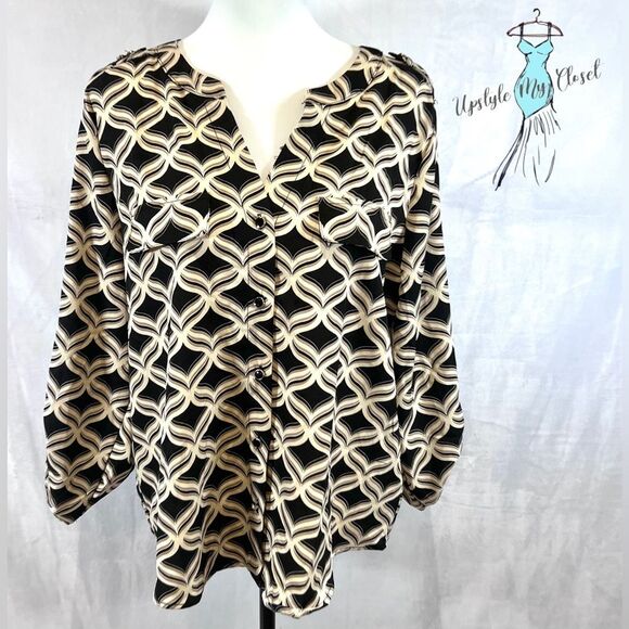Adrienne Vittadini black mocha black and tan print blouse top size XL NWT - Picture 1 of 8